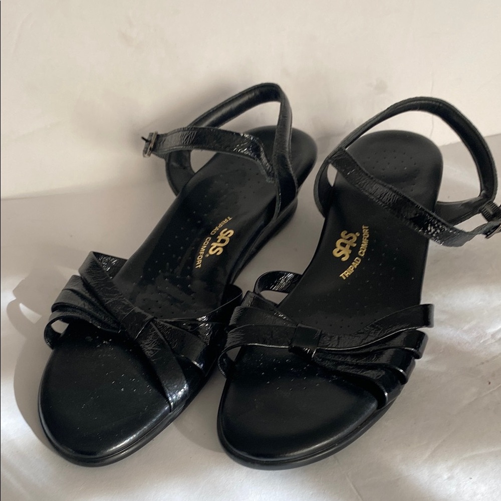 SAS Strippy Black Patent Leather Wedge Sandals